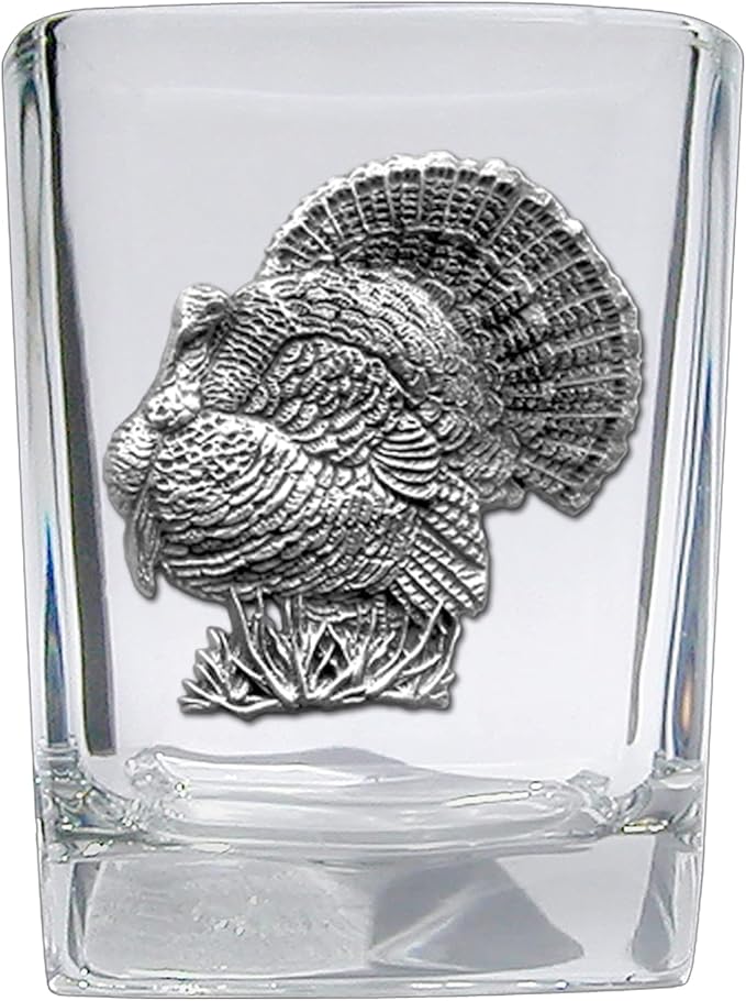 Heritage Pewter Turkeys Square Shot Glass | Hand-Sculpted 1.5 Ounce Shot Glass | Intricately Crafted Metal Pewter Inlay