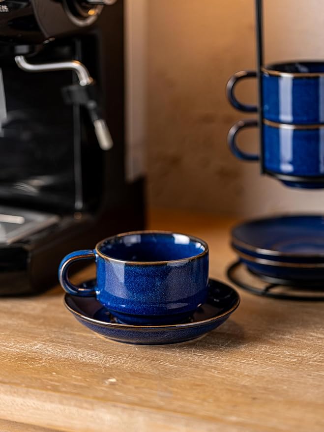 Gomakren 6 Ounce Cappuccino Cups with Saucers and Metal Stand, Stackable Coffee Cup Set of 4, Halloween Porcelain Espresso Cups for Coffee Drinks, Cappuccino, Latte, Americano, Tea, Cobalt Blue