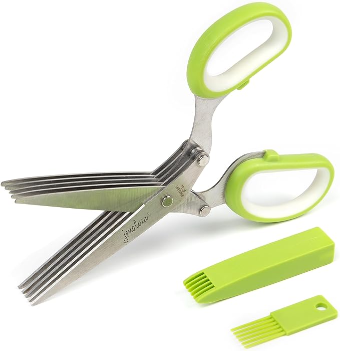 Jenaluca 5 Blade Herb Scissors - Salad Scissors - Cut & Chop Fresh Herbs & Leafy Greens - Stainless Steel Kitchen Shear Set with Cleaning Comb & Safety Cover - Kitchen Gadget - Green
