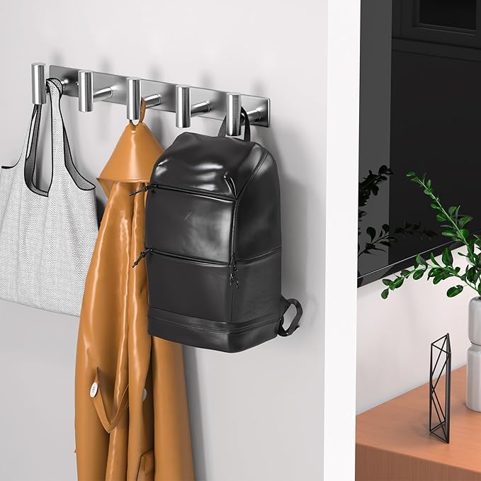 Wall Mounted Coat Rack-5 Hooks, Heavy Duty Stainless Steel Hook Rail for Towel Coat Hat Purse Bag Jacket, Towel Hooks for Entryway Bathroom Kitchen (Silvery 5 Hooks - 1 Pack)