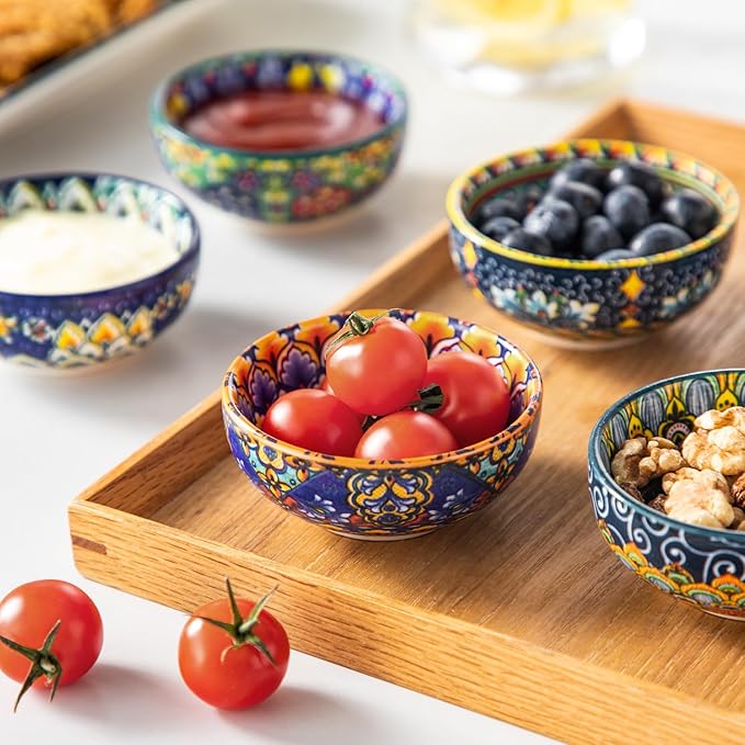 vancasso SIMI 2.7 Oz Ceramic Dipping Bowls Sets of 6, Bohemian Small Bowls for Sauce, 3 Inch Mini Appetizer Plates for Soy Sauce, Sushi, Condiments & Side Dishes, Microwave & Dishwasher Safe