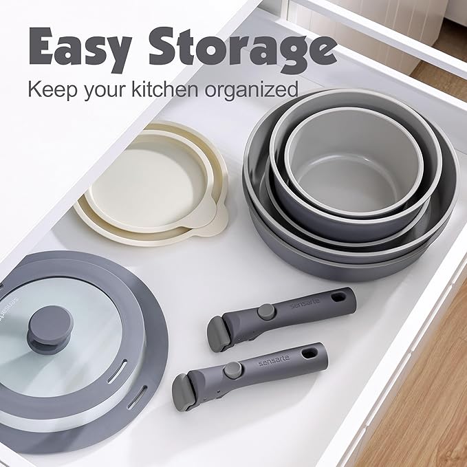 SENSARTE 24 Piece Ceramic Pots and Pans Set, Nonstick Detachable Handle Cookware, Induction Kitchen Cookware Set with Removable Handle, Healthy Non Stick for RV, Dishwasher＆Oven Safe, PFOA Free (Gray)