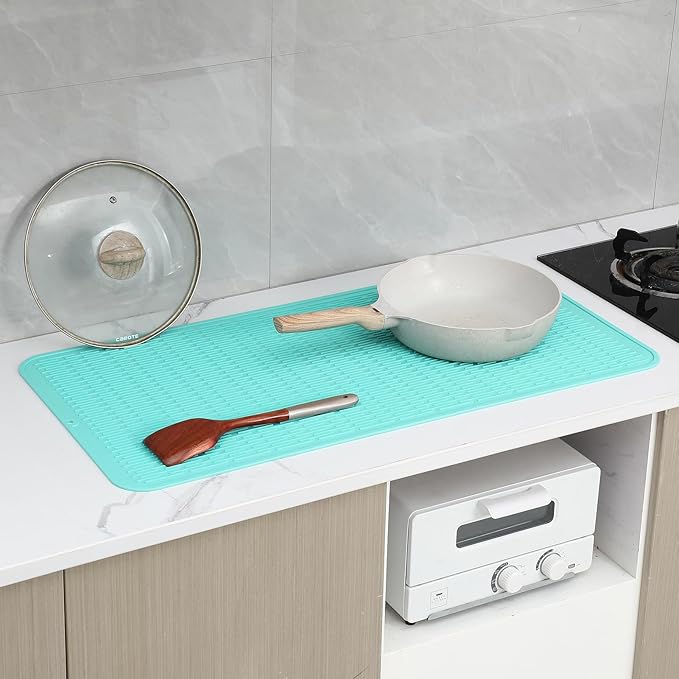 Silicone Dish Drying Mat for Multiple Usage,Easy clean,Eco-friendly,Heat-resistant Silicone Mat for Kitchen Counter or Sink,Refrigerator or Drawer Liner Mint 5XL 36inches x 18inches