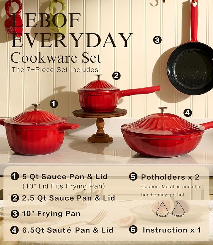 Nonstick Ceramic Cookware Set (7 Piece)–Titanium Cast Aluminum Pots and Pans Set with Lids, Non Toxic PFAS-Free Compatible with All Stovetops–Merlot Velvet