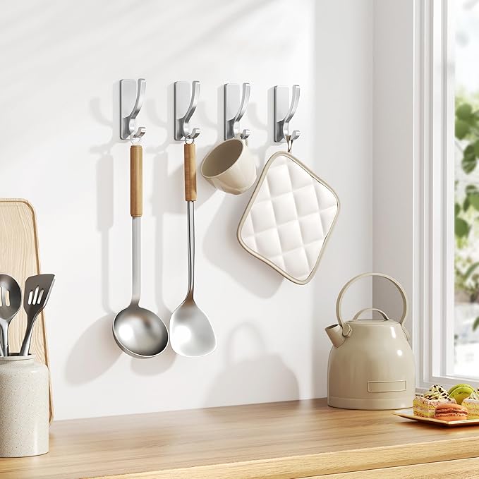 Adhesive Wall Hooks for Towels Coats - Stick On Hooks Hanging Heavy Duty (13lb), Metal Hook for Door, Bathroom, Dorm, Closet - Hanger for Purse, Bag, Robe,Backpack - No Damage to Wall - Silver 4 Pack