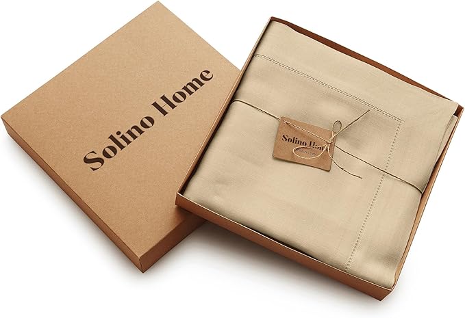 Solino Home Beige Linen Tablecloth 60 x 120 Inch - Classic Hemstitch, 100% Pure Linen Rectangular Tablecloth - Machine Washable Table Cloth for Summer, Fall, Autumn
