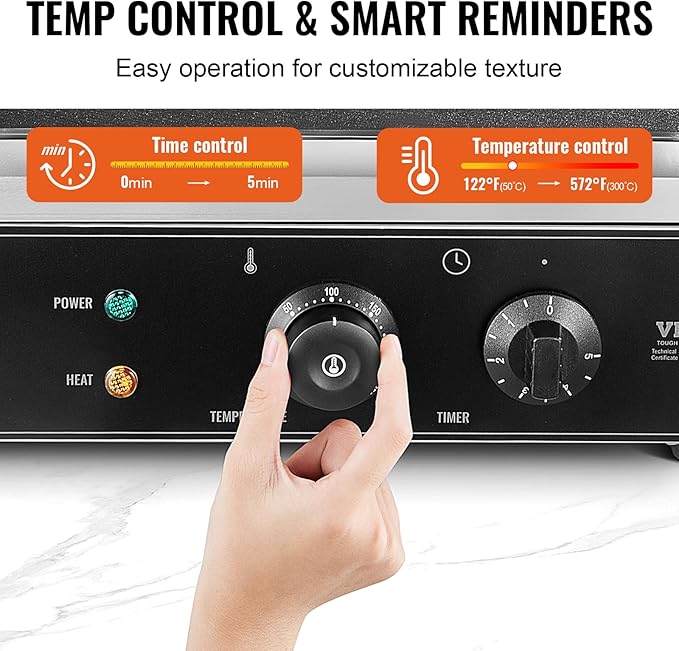 VEVOR Commercial Waffle Maker, 10PCS Rectangle Waffle Baker Machine, 1550W Non-Stick Stainless Steel Belgian Waffle Iron with Temp and Time Control, Handle, for Restaurant Bakery Snack Bar Family