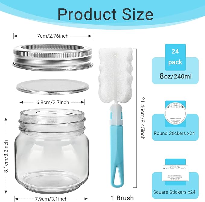 8 oz Glass Mason Jars, 24 Pack Regular Mouth Glass Canning Jars with Silver Aluminum Lids and Bands, Airtight Jam Jars for Food Storage, Pickling, Fermenting, Honey, Jelly, DIY Candles Decor