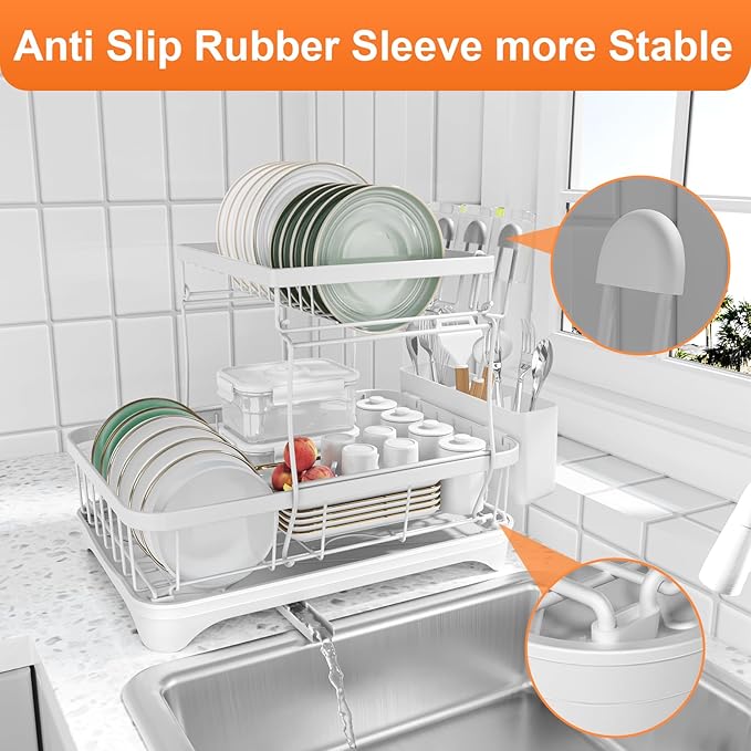 Dish Drying Rack - Auto Draining Dish Rack for Kitchen Counter, Large Capacity Dish Drainers Organizer with Drainboard, 2-Tier Drying Rack with Utensil Holder White