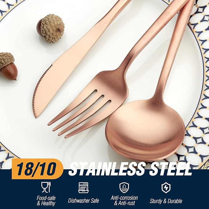BirdyFly Matte Rose Gold Silverware Set, 20 Piece Stainless Steel Flatware Set Service for 4, Matte Rose Gold Cutlery Set, Include Knives/Forks/Spoons, Dishwasher Safe