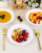 50 Pack White Plastic Bowls with Silver Rim, 12oz Plastic Salad Bowl, Disposable Bowls for Party, Dinners, Weddings, Christmas, Thanksgiving