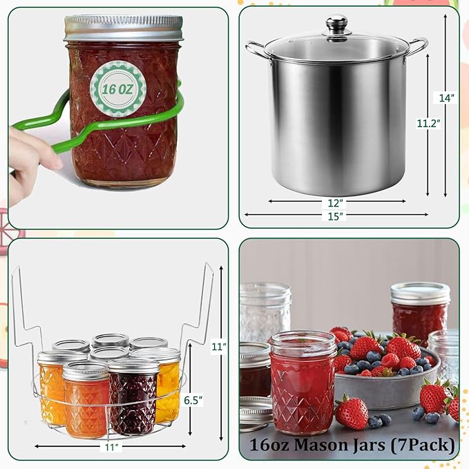 Canning Pot Water Bath Canner with Rack and Mason Jars, 20 Quart Stainless Steel Stock Pots, Canning Supplies Starter Kit Beginners Tools Set, Jar Lifter Tongs and Pickling Kit Accessories
