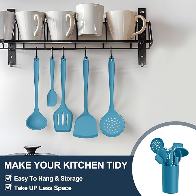 E-far Silicone Cooking Utensils Set, 25 Piece Kitchen Utensils with Holder, Non Toxic Kitchen Tools Spatula, Turner, Spoon, Ladle for Nonstick Cookware, Heat Resistant & Dishwasher Safe - Blue