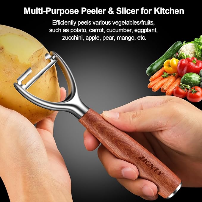 Premium Vegetable Peeler Stainless Steel，Ultra Sharp Potato Peelers for Kitchen, Swivel Blade Veggie Fruit Peeler, Carrot Cucumber Peeler with Ergonomic Wood Handle Y Peeler（5 Years Warranty）
