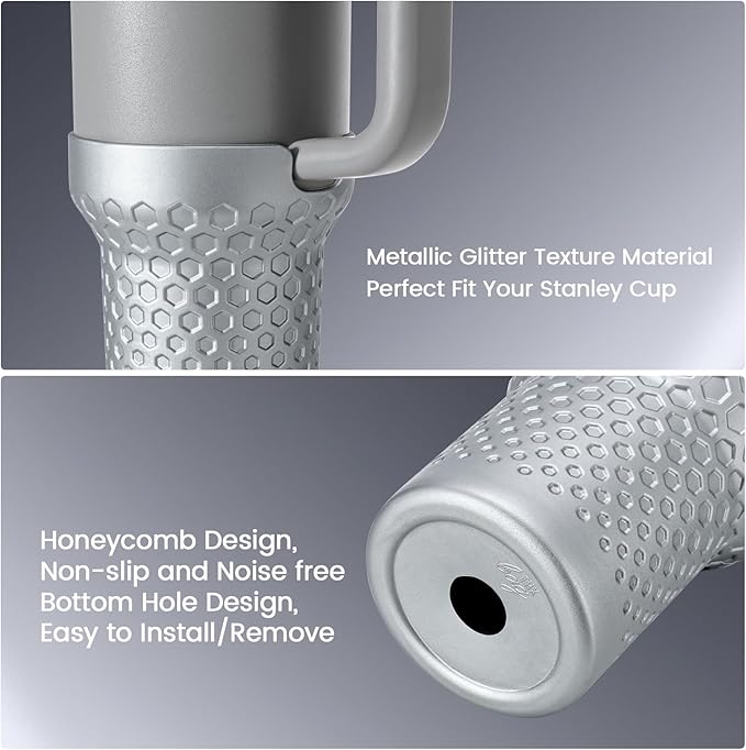 Metallic Glitter Boot for Stanley, Silicone Protector Sleeve Accessories for Stanley Quencher H2.0 FlowState Tumbler 40oz / Stanley Adventure Quencher Tumbler 40oz (Silver)