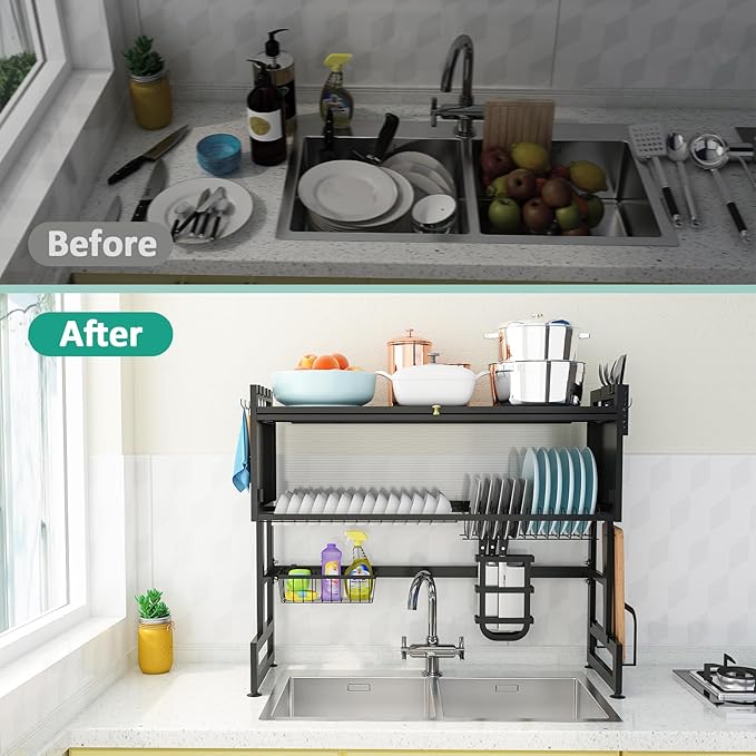 bukfen Dish Drying Rack, Over The Sink Dish Drainer Drying Rack 2 Tier Dish Rack with Cover for Kitchen (Black, Large 37.40 Length)