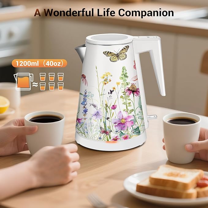 1.2L Double Wall Stainless Steel Interior Water Boiler, Cordless, 1000W Fast Boil with LED Light Coffee Pot & Tea Electric Kettle, Auto Shut-Off and Boil-Dry Protection (Chroma Blossom)
