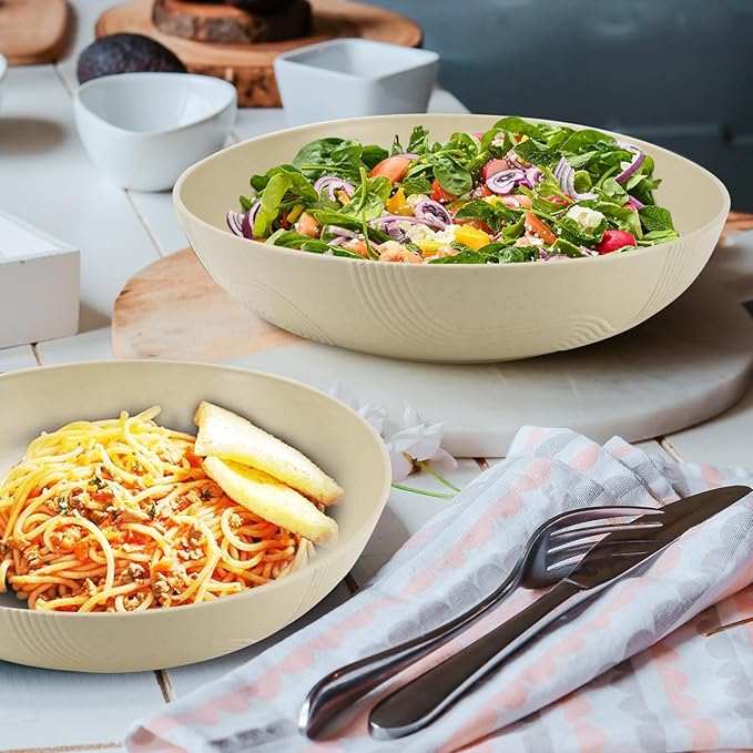 10inch Wheat Straw Big Bowls Set of 6 - Large Salad Bowls 65oz set of 6 - Unbreakable Serving Bowls Microwave & Dishwasher Safe for restaurant - Big Plastic Bowls for Cereal,Salad - Beige Series