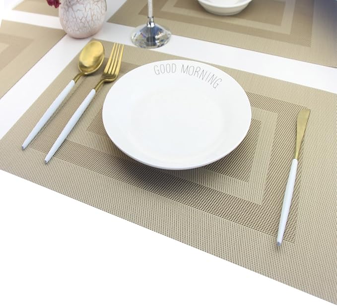 PIGCHCY Placemats Set of 6,Washable Woven Vinyl Kitchen Table Mats Non Slip Placemats,Heat Resistant Durable Placemats for Dining Table (Beige)