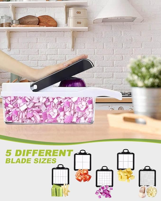 Vegetable Chopper, Veggie Chopper with Container and Lid, Kitchen Vegetable Slicer, Cheese and Onion Slicer, Multifunctional Food Chopper (White)