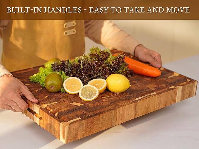 AZRHOM Thick End Grain Acacia Wood Cutting Board 20x15x2 In, Wooden Butcher Block, Chopping Board For Kitchen with Juice Groove Handles Non-Slip Pats (Gift Box)