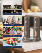 CIRCLE JOY Rechargeable Electric Salt and Pepper Grinder Set with Base, Automatic Pepper Mills with 110ml Container, External Adjustable Coarseness, White Led Light and One-Handed Operation, Brown