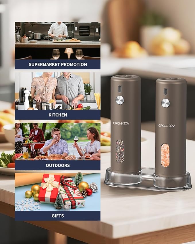 CIRCLE JOY Rechargeable Electric Salt and Pepper Grinder Set with Base, Automatic Pepper Mills with 110ml Container, External Adjustable Coarseness, White Led Light and One-Handed Operation, Brown