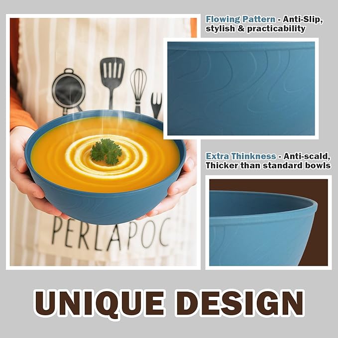 Cereal Bowls 40 OZ Set of 6, Unbreakable Lightweight Bowls Set, Microwave & Dishwasher Safe, Plastic Reusable Cereal Bowls for Soup, Salad, Noodle, Snack, Fruit, Blue