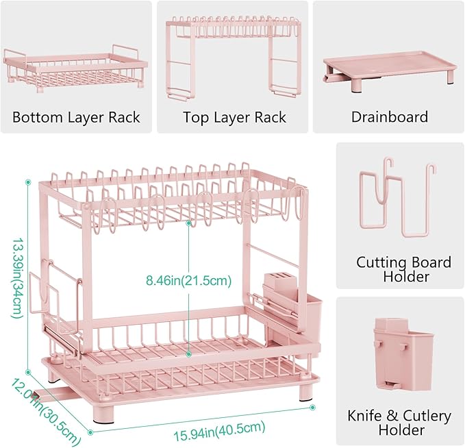 Multifunctional Dish Drying Rack - Rustproof, 2-Tier Dish Racks with Drainboard, Space-Saving Design, Utensil & Cup Holder for Kitchen Counter, Pink