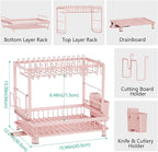 Multifunctional Dish Drying Rack - Rustproof, 2-Tier Dish Racks with Drainboard, Space-Saving Design, Utensil & Cup Holder for Kitchen Counter, Pink
