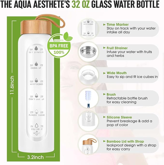 Aqulea Glass Water Bottles 32 Oz with Silicone Sleeve - BPA Free Reusable Wide Mouth Glass Motivational Water Bottles with Fruit Infuser – Leak Proof Borosilicate Water Bottle with Time Marker (White)