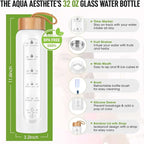 Aqulea Glass Water Bottles 32 Oz with Silicone Sleeve - BPA Free Reusable Wide Mouth Glass Motivational Water Bottles with Fruit Infuser – Leak Proof Borosilicate Water Bottle with Time Marker (White)