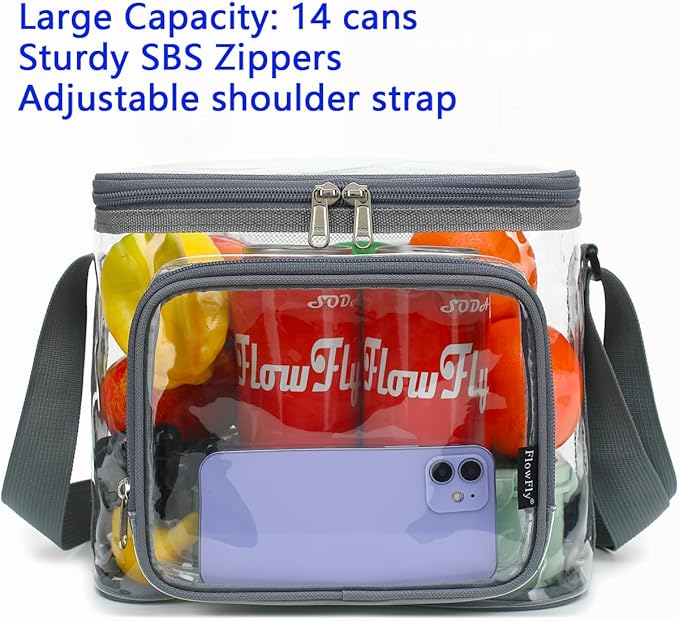 FlowFly Insulated Reusable Lunch Bag Adult Large Lunch Box for Women and Men with Adjustable Shoulder Strap,Front Zipper Pocket and Dual Large Mesh Side Pockets,Clear#Grey