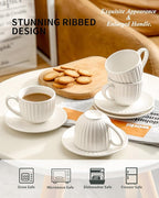 Hasense 4 Oz Espresso Cups with Saucers Set of 4, Ribbed Cappuccino Cups Ceramic for Coffee,Espresso,Double shot,Latte and Macchiato, Demitasse Cups Set Aesthetic Gift, White