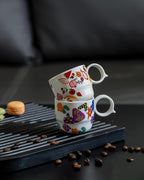 Ceramic Espresso Cups Set of 2 – Mini 3 oz Double Espresso Coffee Cups Small Espresso Shot Cups with Cute Q Handle, Gift for Coffee Lovers, Floral and fruit Patterns-White