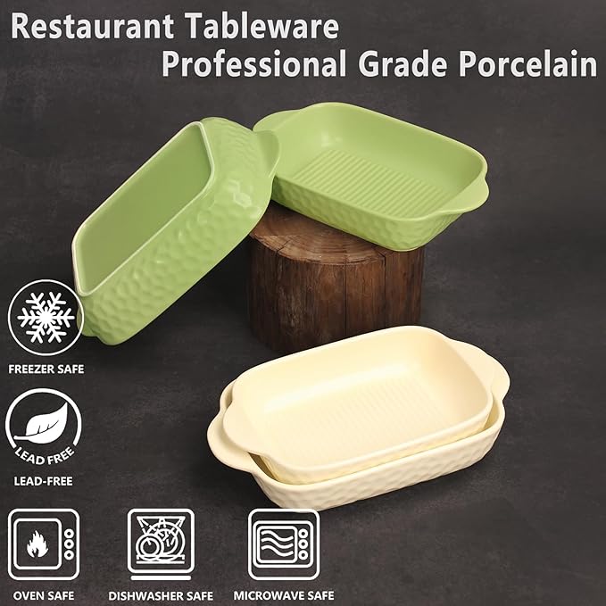 7" x 4.5" Rectangular Porcelain Baking Dish Set,Au Gratin Dishes,Casserole Dish, Ramekins 16 oz Bakeware Set of 2, Lasagna Pans for Cooking, Cake Dinner,Kitchen, Carry Handles Beige