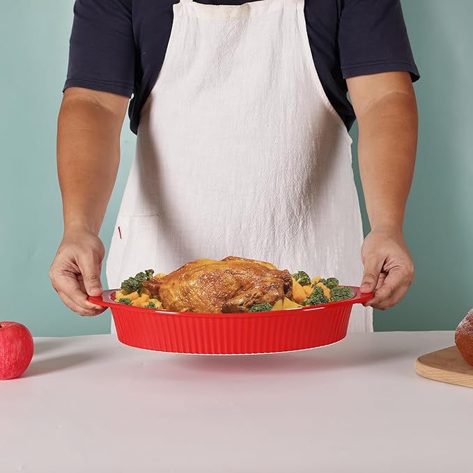 LEETOYI Porcelain 9x13 Large Oval Au Gratin Pans,Baking Dish for Servings, Bakeware with Double Handle for Kitchen and Home (Red)