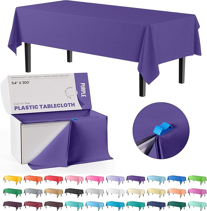 Exquisite Purple Plastic 54x300in Rectangular Tablecloth Roll with Built-in Cutter - 30 Feet, Disposable, Waterproof, All-Season, Birthday