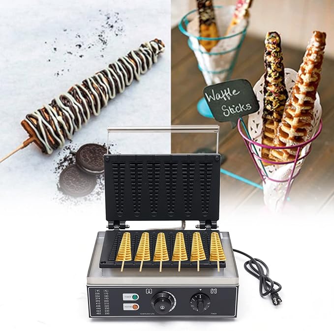 1550W Commercial Waffle Stick Maker, 6 Waffles on a Stick Non-Stick Stainless Steel Belgian Waffle Iron w/Time & Temper Adjustable| Whisk|Food Clip, Large Waffle Machine for Restaurant Party