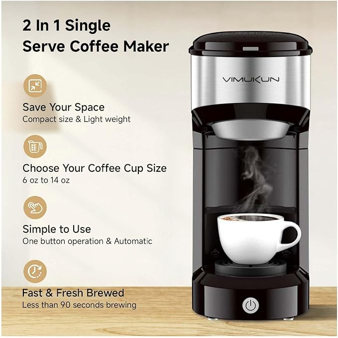 Mini Single Serve Coffee Maker - K Cup & Ground Coffee Compatible - 90 Second Brew - Portable Machine for Home, Office, RV - 14oz Reservoir