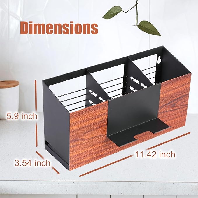 Utensil Holder Large Iron Flatware Container with 3 Compartments Countertop Wall-mounted Kitchen Utensil Storage (Black)