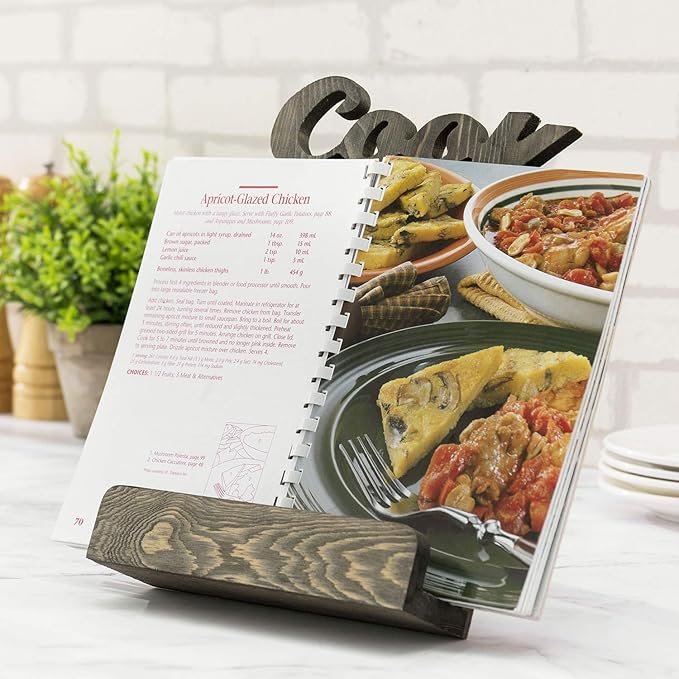 MyGift Solid Wood Countertop Cookbook Holder Tablet Book Stand with Kickstand and Decorative COOK Cutout Letters, Gray