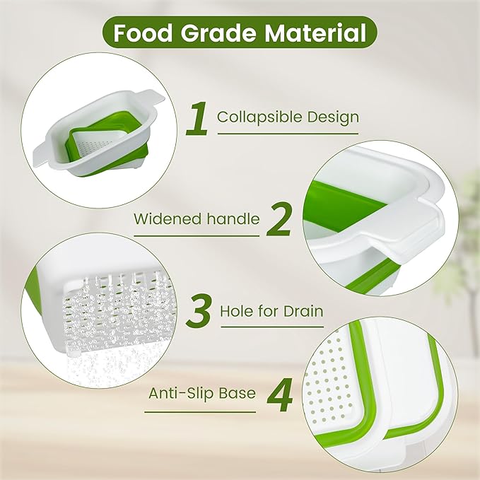 Collapsible Colander Set with Strainer Bowl, 2 in 1 Fruit Washing Basket with Strainer, 5 + 3 QT Plastic Colanders for Kitchen, Foldable Double Layered Colander Bowl for Berry, Vegetable, Green