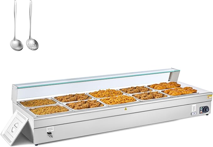 WILPREP 10-Pan Commercial Food Warmer with Sneeze Guard, Ten 1/2 Pans, 1500W Countertop Electric Warmer, 86-185°F Adjustable Temp Control, Stainless Steel Buffet Bain Marie