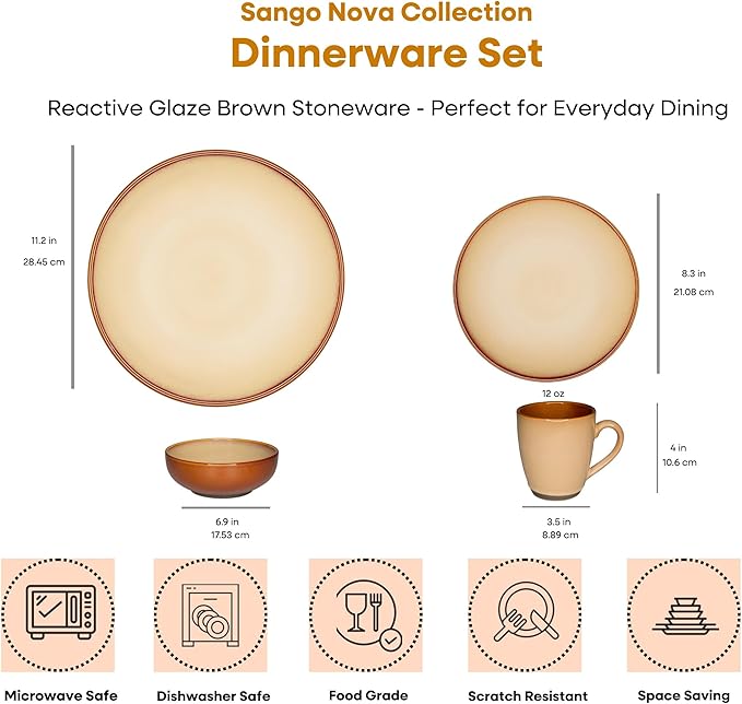 Sango Nova 16-Piece Casual Brown Stoneware Dinnerware Set – Service for 4, Includes Coffee Mugs & Plates, Earthy Brown Reactive Glaze, Microwave & Dishwasher Safe, for Everyday Dining & Entertainment