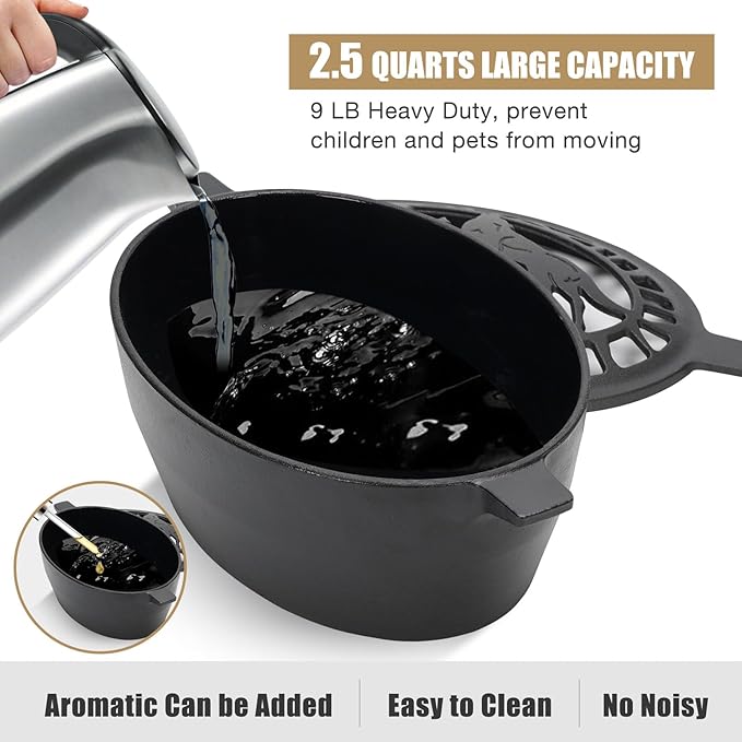 Wood Stove Steamer Humidifier 2.5 Quart with Decorative Wolf Pattern, Cast Iron Steamer for Wood Stove Rust Resistant Matte Black