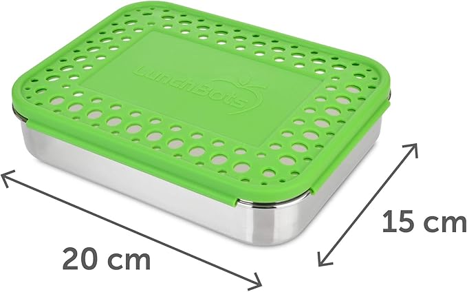 LunchBots Large Trio Stainless Steel Lunch Container -Three Section Design for Sandwich and Two Sides - Metal Bento Lunch Box - Eco-Friendly - Stainless Lid - Green Dots