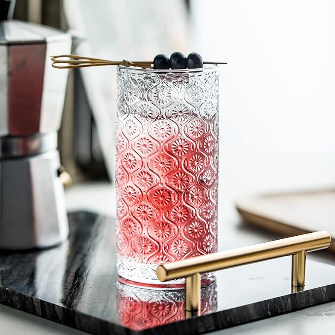 Glass Cups Vintage Glassware Set of 4, Drinking Glasses 12.5oz, Embossed Pattern Style Transparent Cocktail Glasses Set, for Ice Coffee,Juice,Beer,Bar Beverages,Drinkware, Transparent (L)