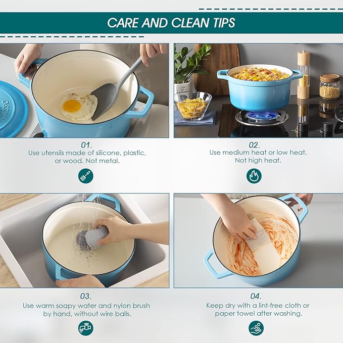 vancasso 6 QT Enameled Cast Iron Dutch Oven With Lid - Round Blue Pot With Non-Stick Enamel Coating for Bread Baking