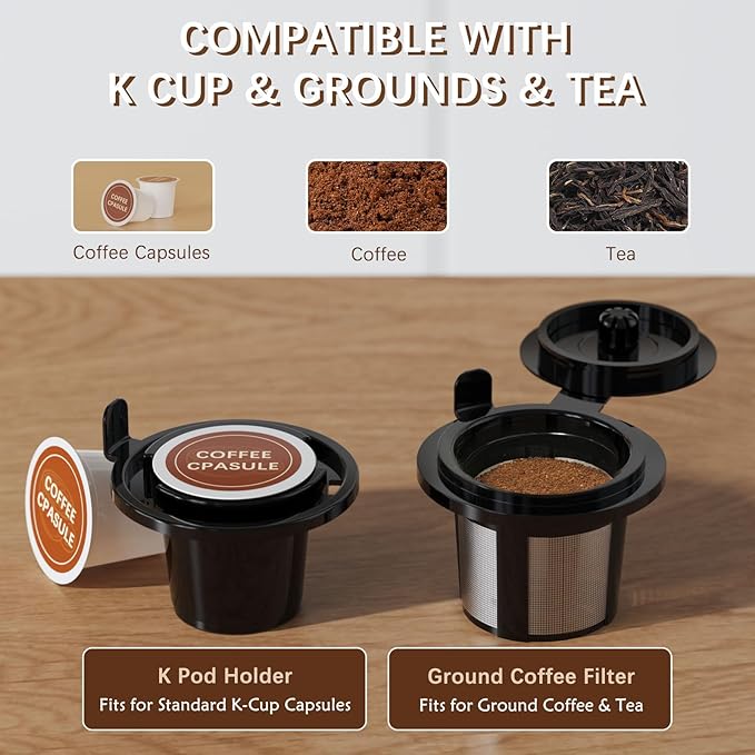 Single Serve Hot & Iced Coffee Maker, for K Cup Pod and Grounds, 6 to 24oz Brew Size, Slim Compact for Small Spaces, Descaling Reminder, with Reusable Filters, Black